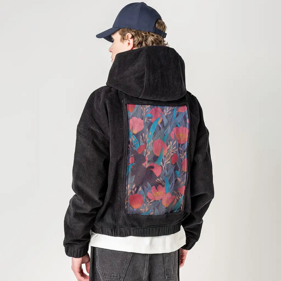 tulipblackcat patch on male retro cord hoodie in onyx