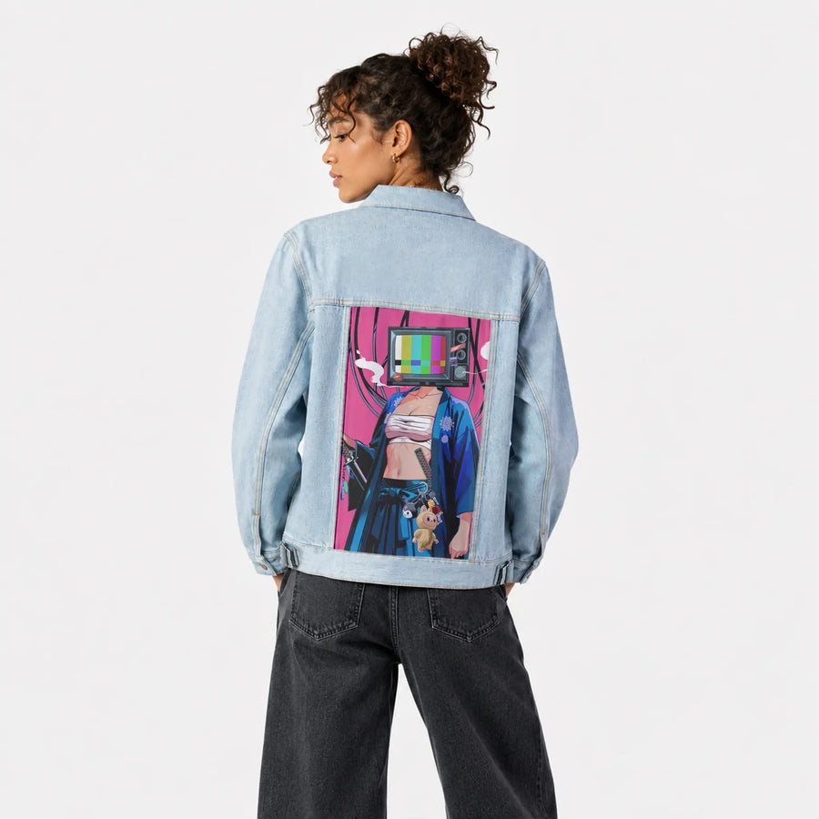 tvsamurai patch on female og denim jacket in oceanside