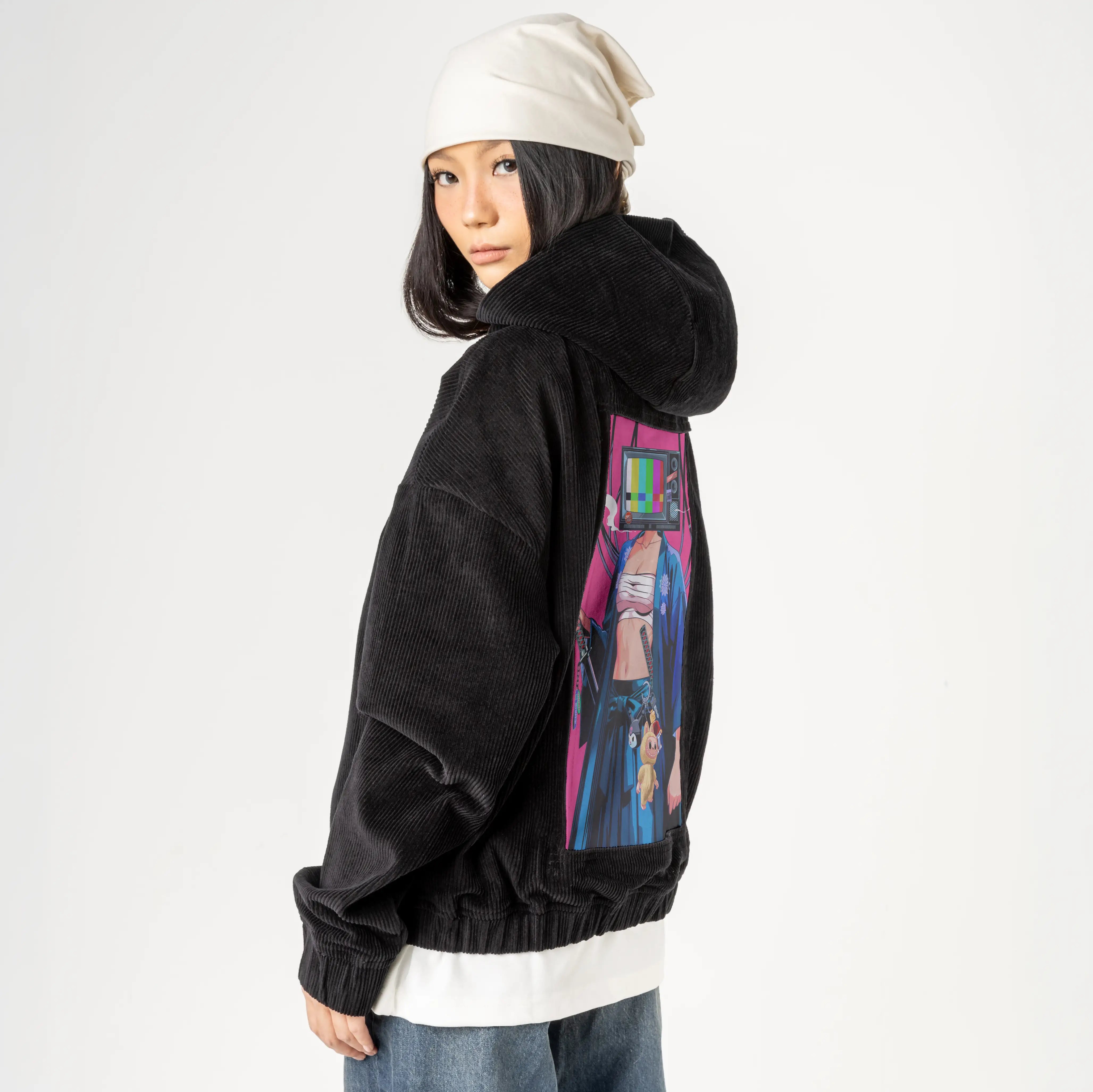 tvsamurai patch on female retro cord hoodie in onyx