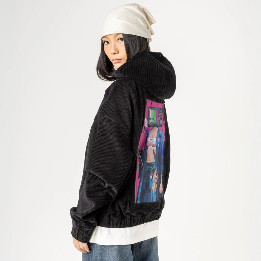 tvsamurai patch on female retro cord hoodie in onyx