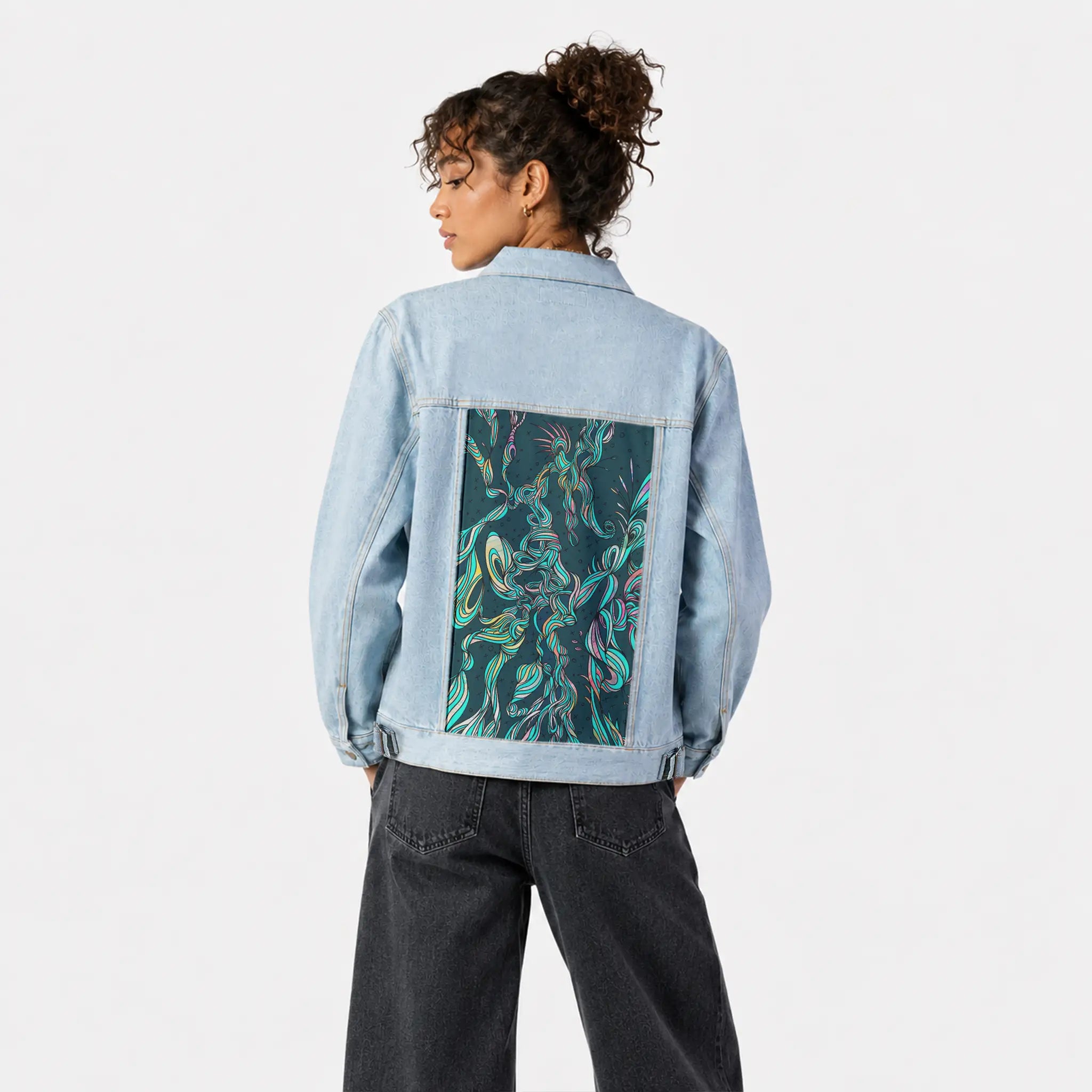 twisted patch on female og denim jacket in oceanside