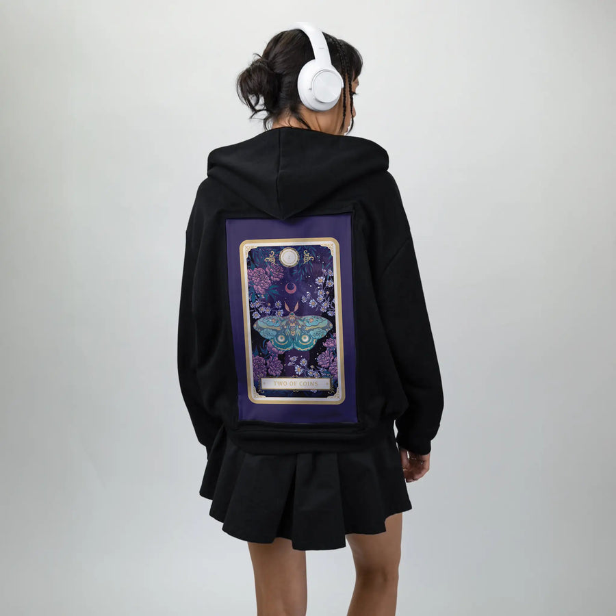twoofcoins patch on female essential zip hoodie in after hours