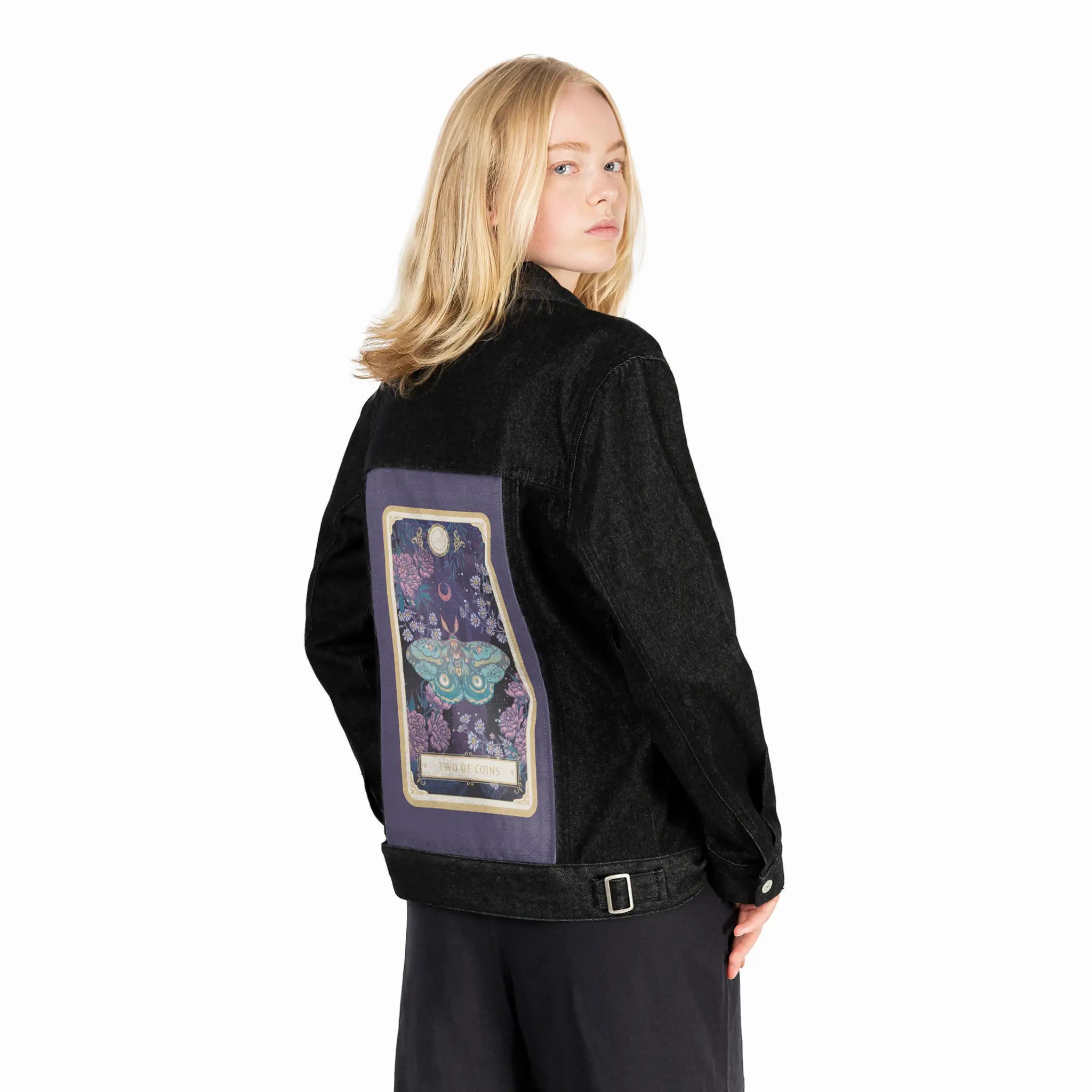 twoofcoins patch on female og denim jacket in raven