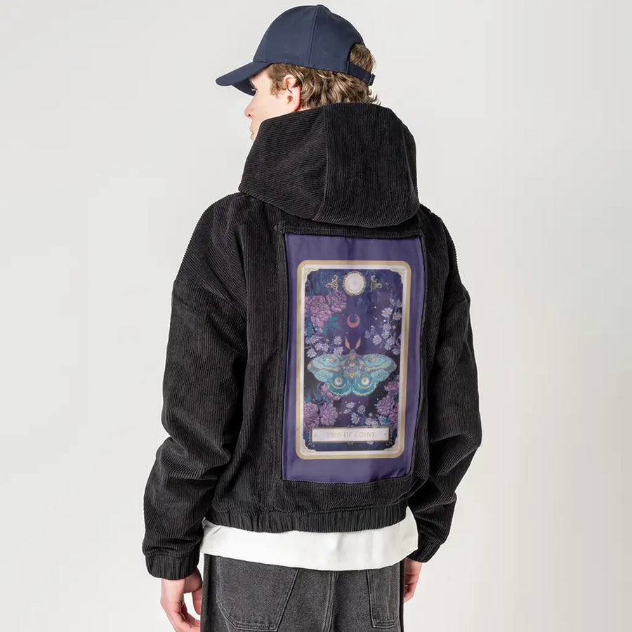 twoofcoins patch on male retro cord hoodie in onyx