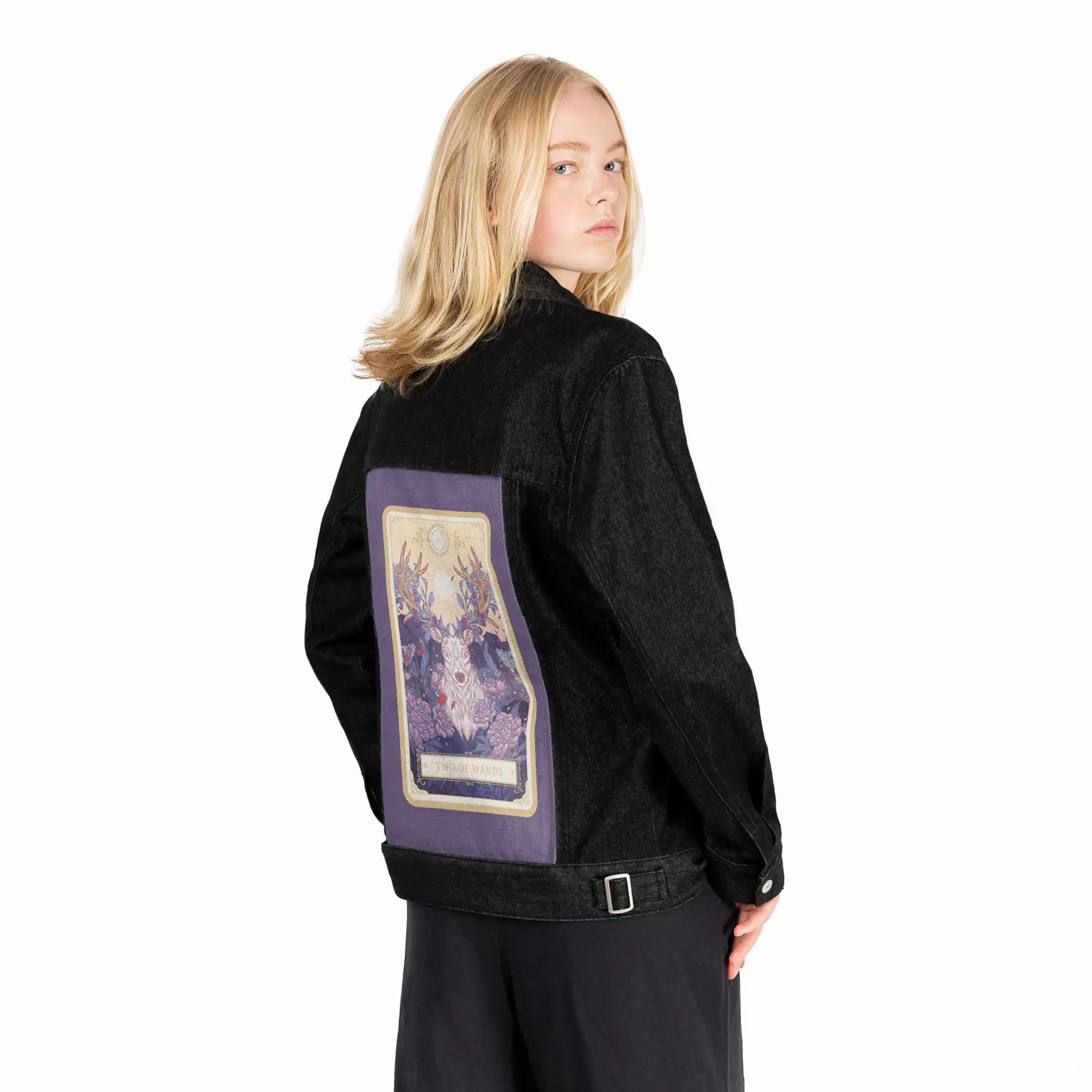 twoofwands patch on female og denim jacket in raven