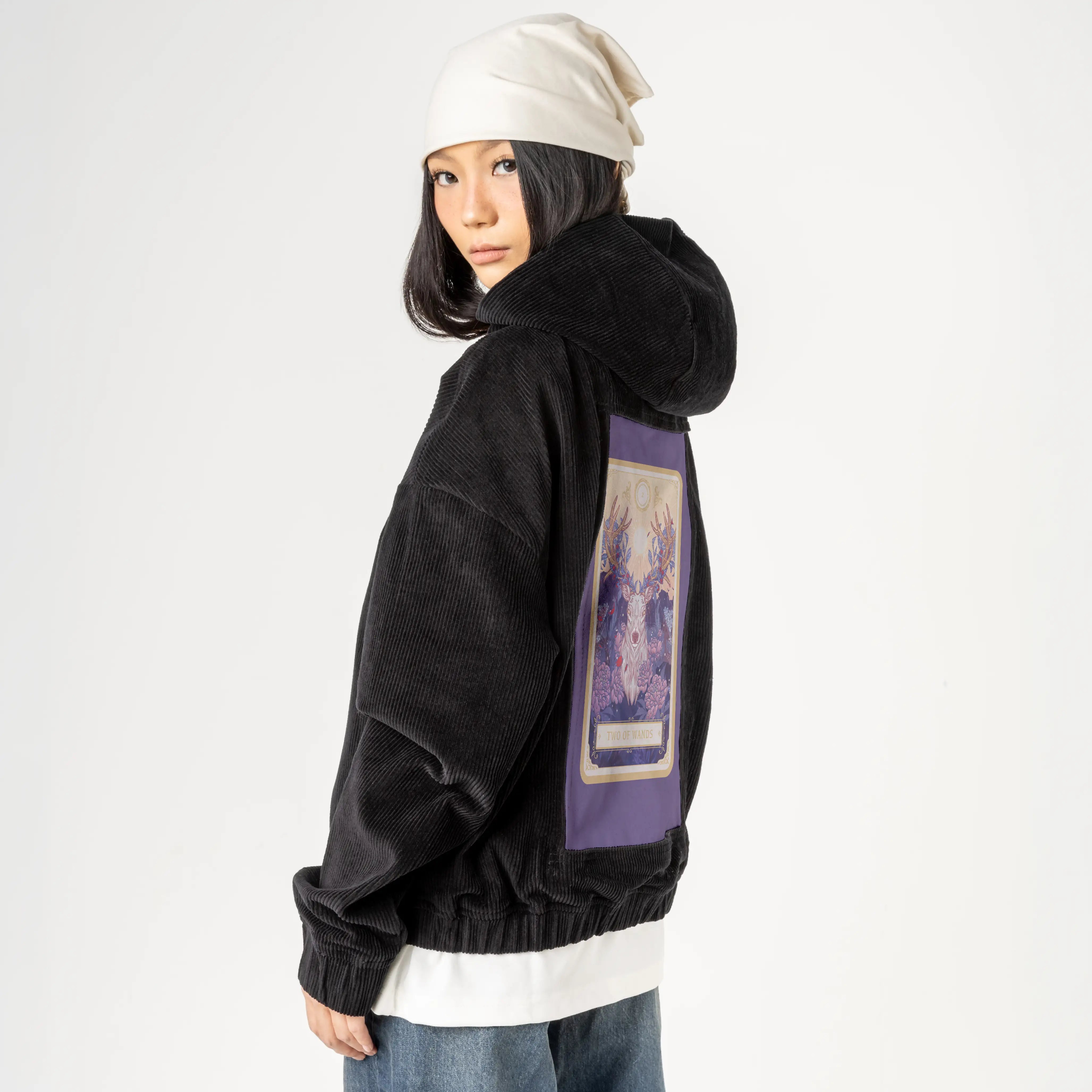 twoofwands patch on female retro cord hoodie in onyx