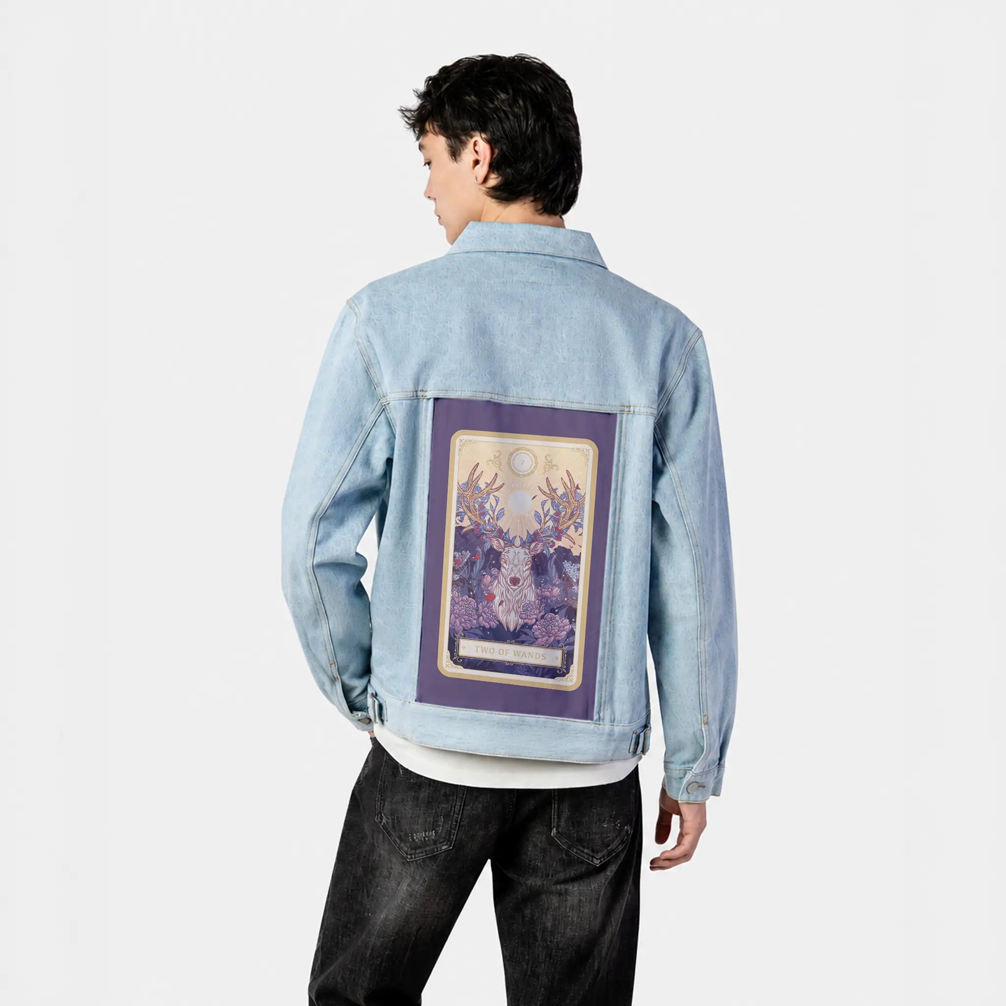 twoofwands patch on male og denim jacket in oceanside