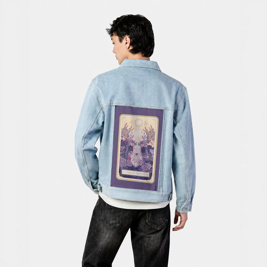 twoofwands patch on male og denim jacket in oceanside