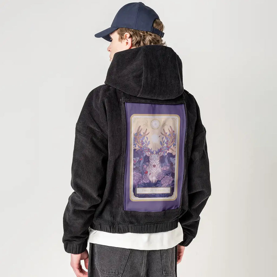 twoofwands patch on male retro cord hoodie in onyx