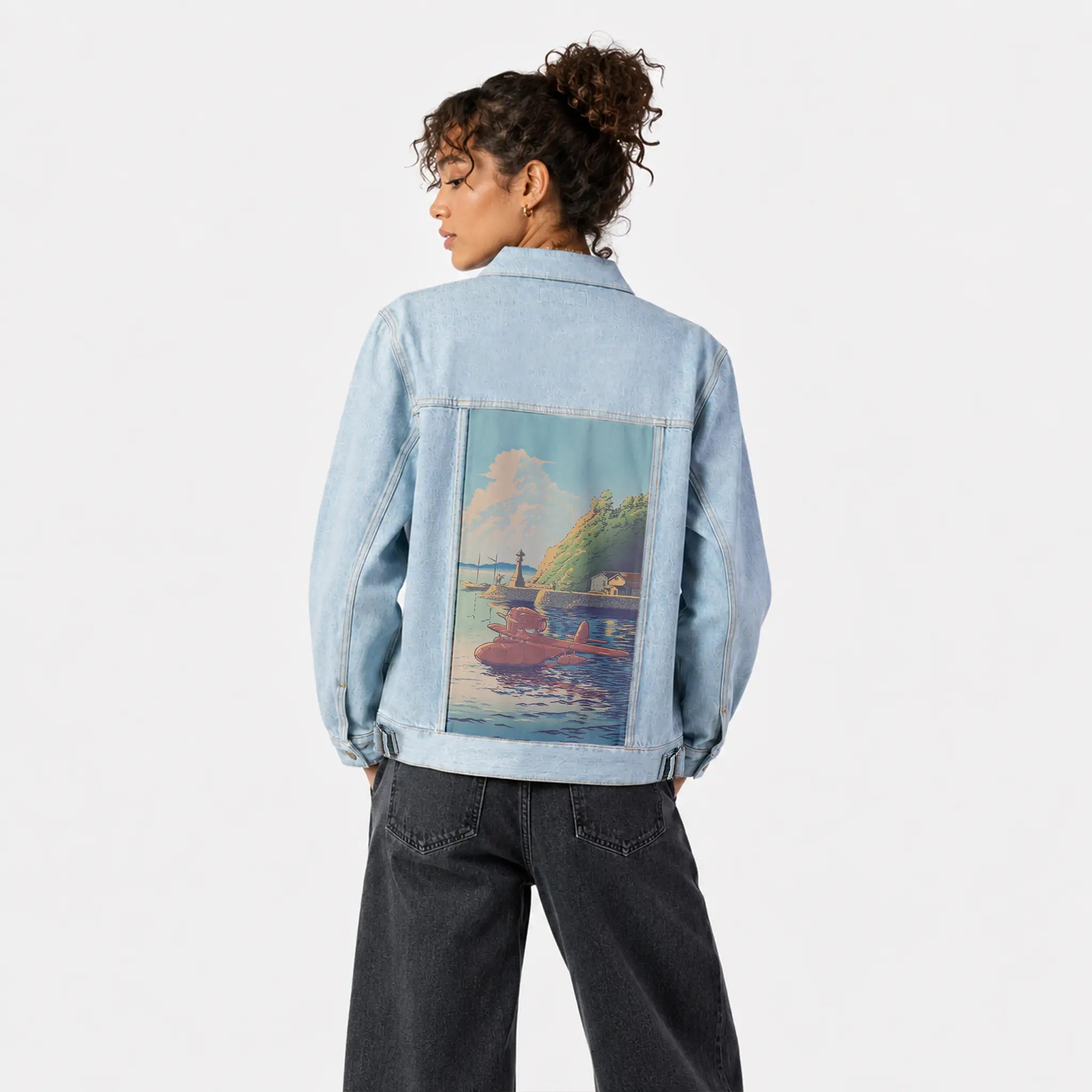ukiyoesunsetplane patch on female og denim jacket in oceanside