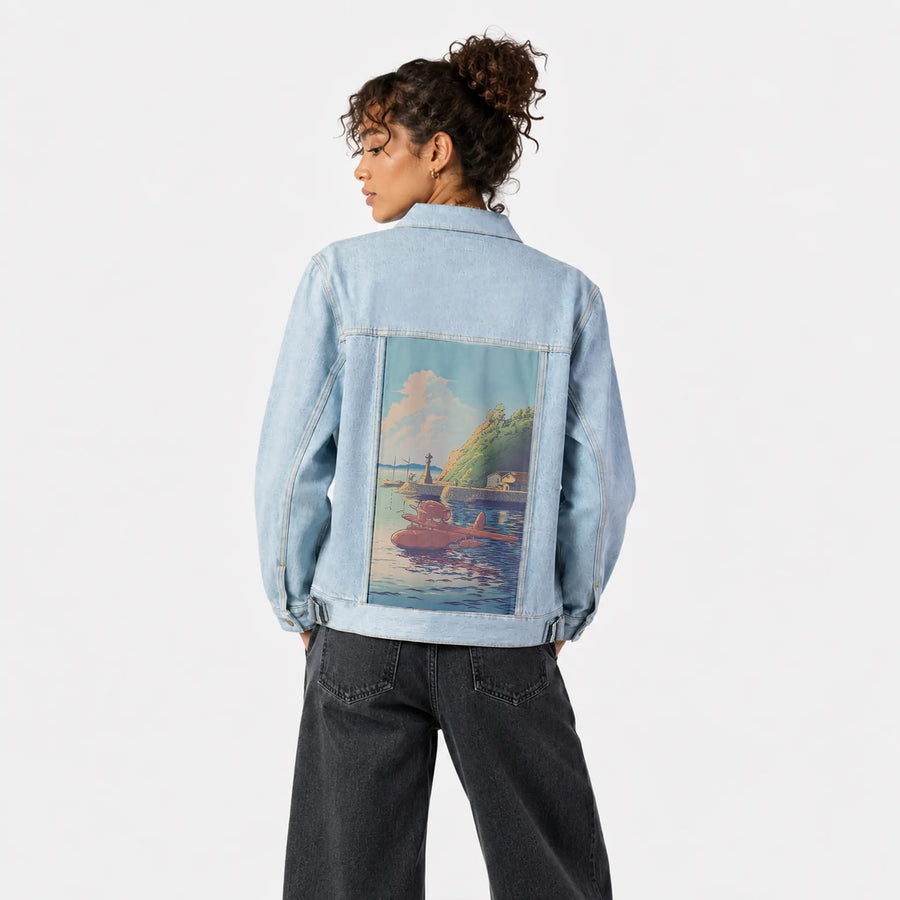 ukiyoesunsetplane patch on female og denim jacket in oceanside