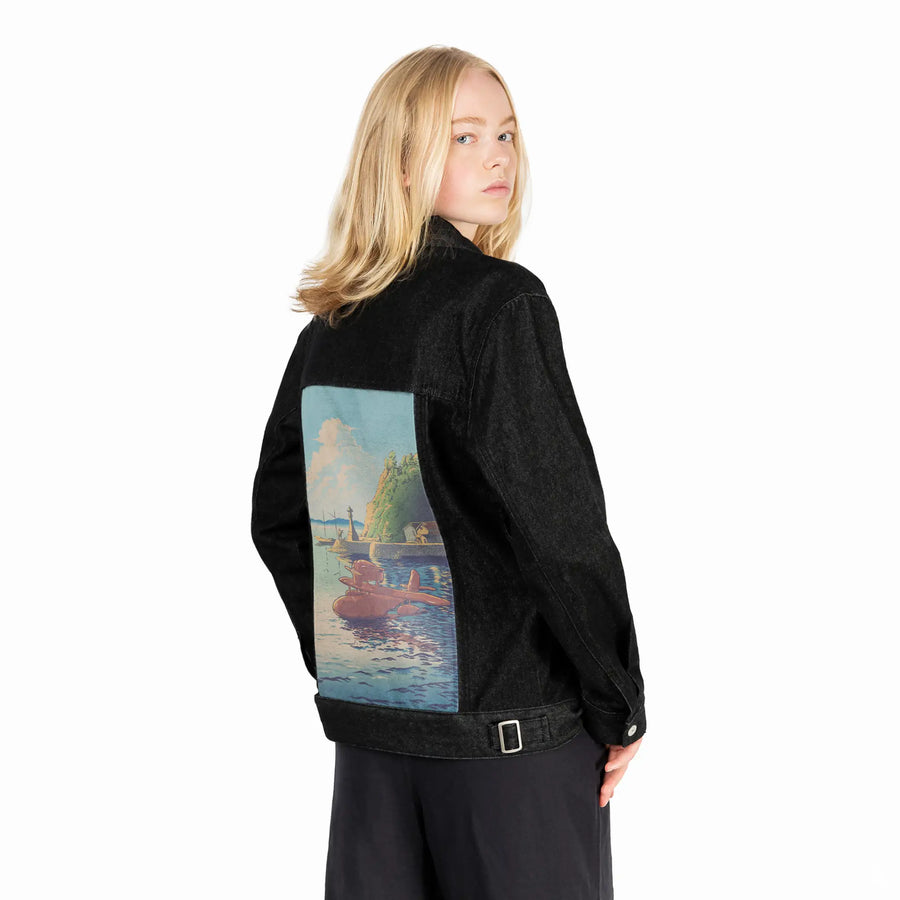 ukiyoesunsetplane patch on female og denim jacket in raven