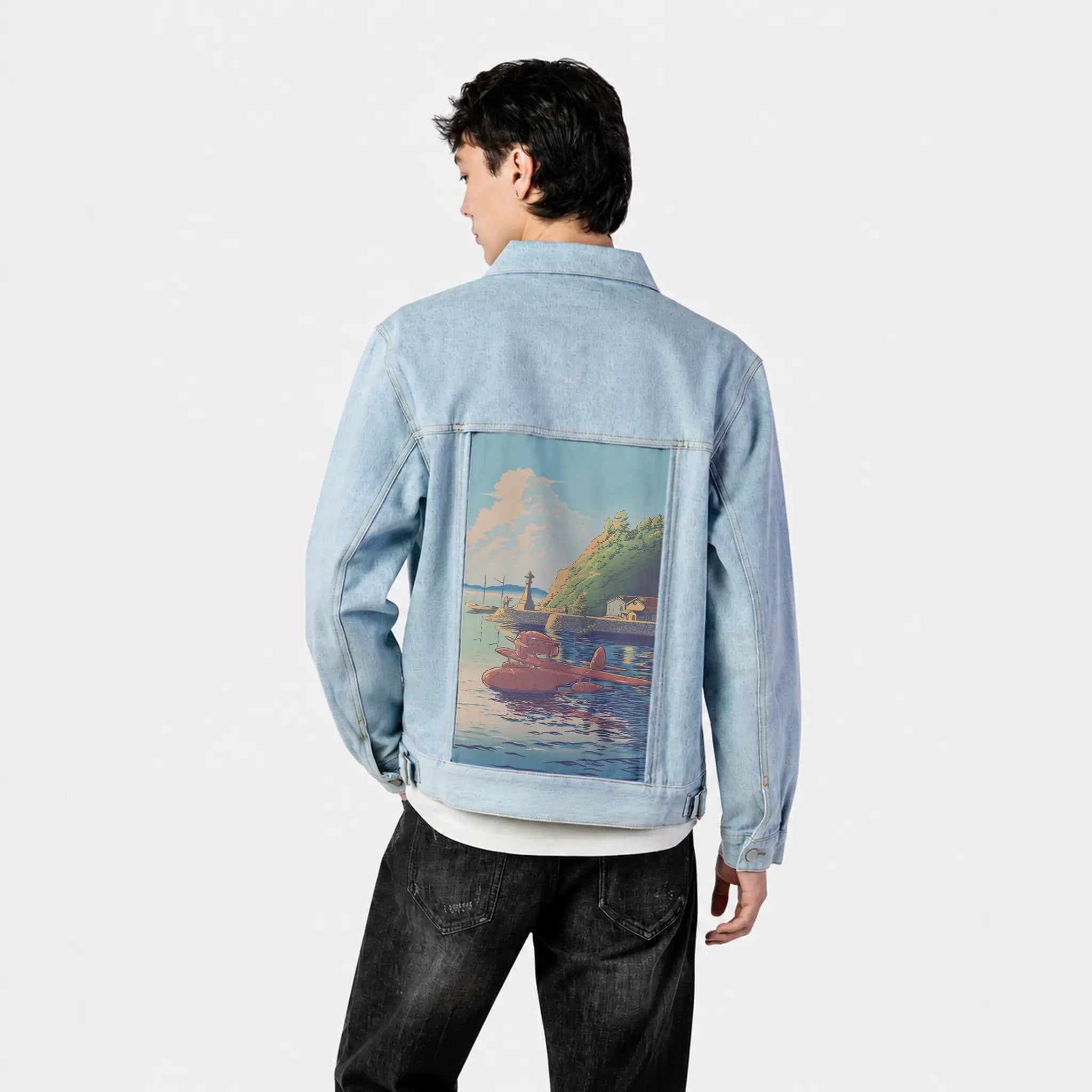 ukiyoesunsetplane patch on male og denim jacket in oceanside