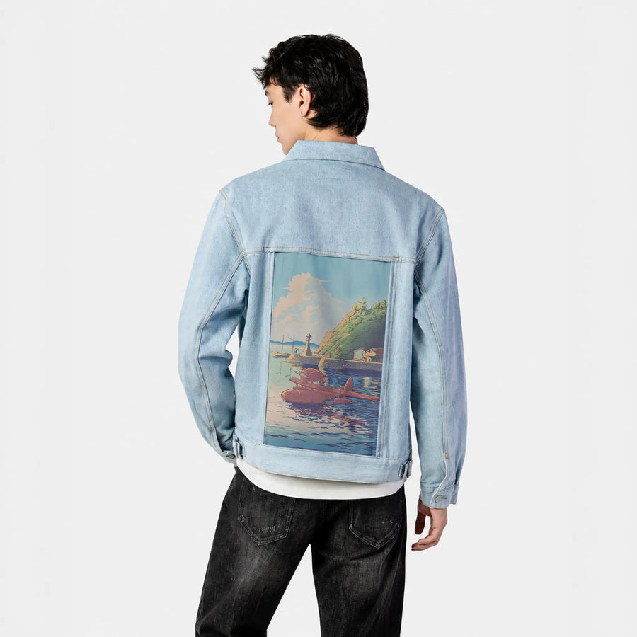 ukiyoesunsetplane patch on male og denim jacket in oceanside