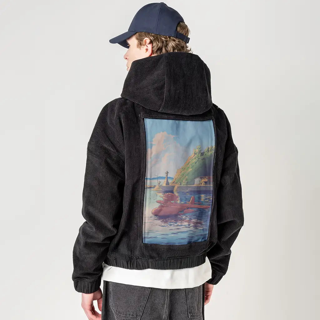 ukiyoesunsetplane patch on male retro cord hoodie in onyx