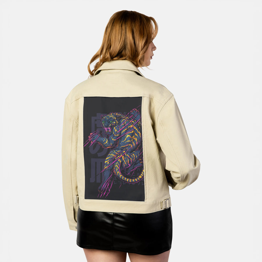 ultrapinktiger patch on female atelier canvas jacket in tan