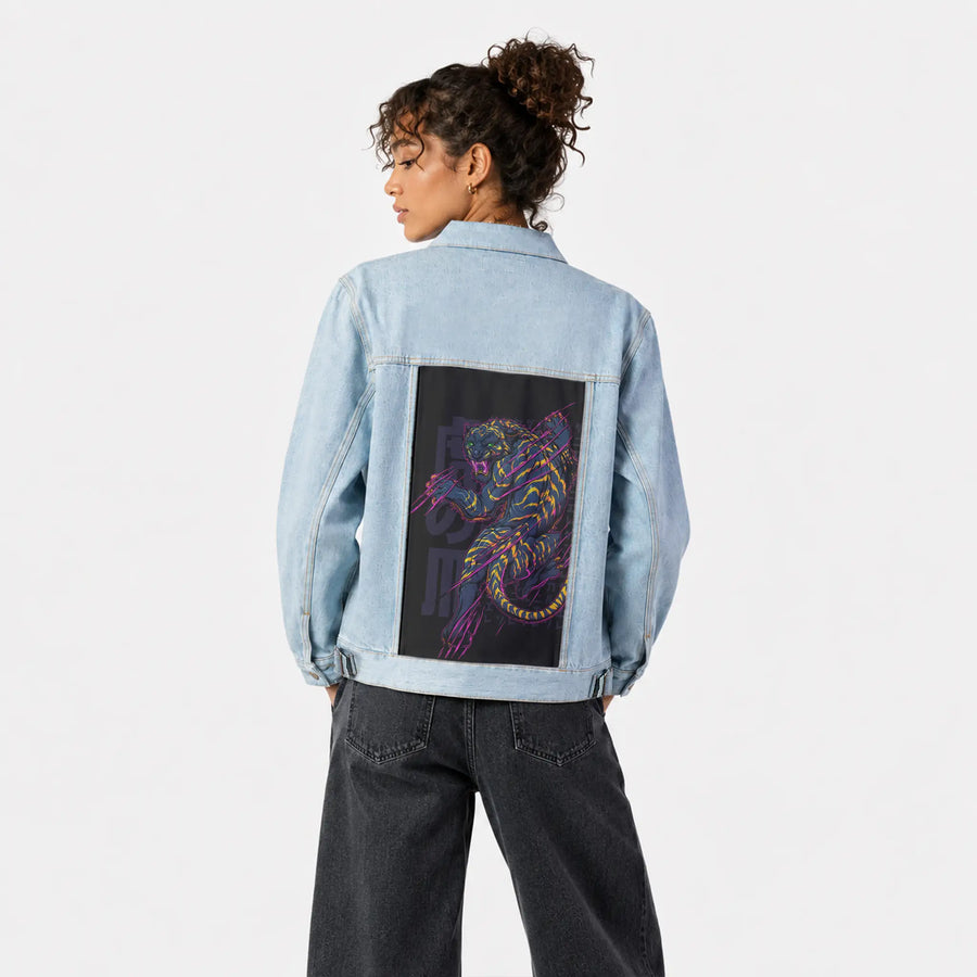 ultrapinktiger patch on female og denim jacket in oceanside