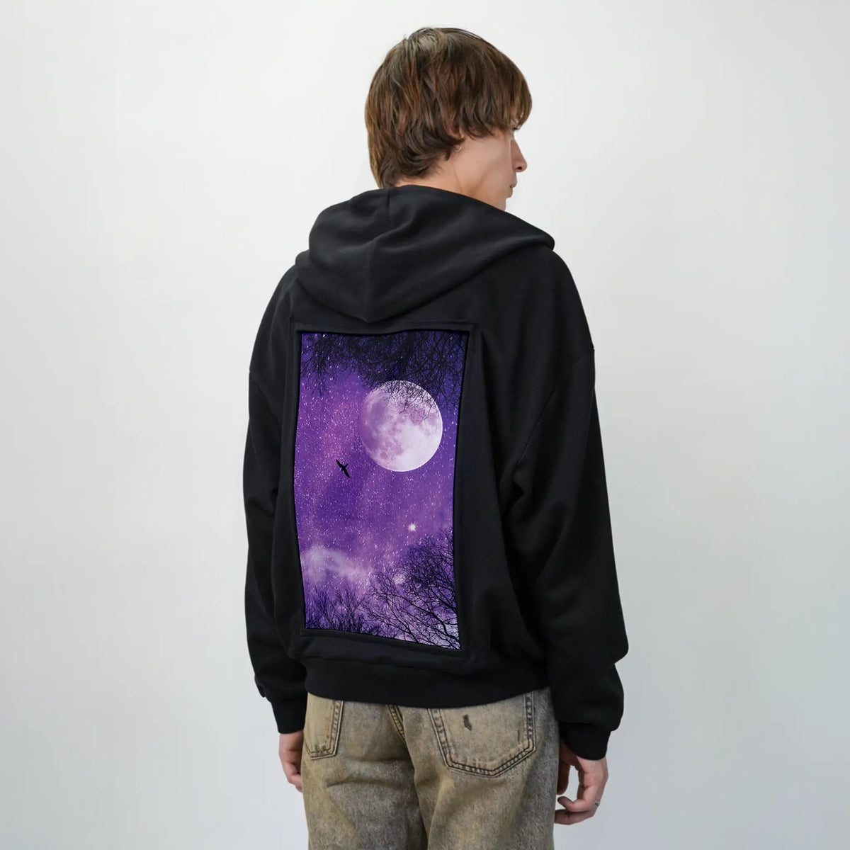ultravioletnight patch on male essential zip hoodie in after hours