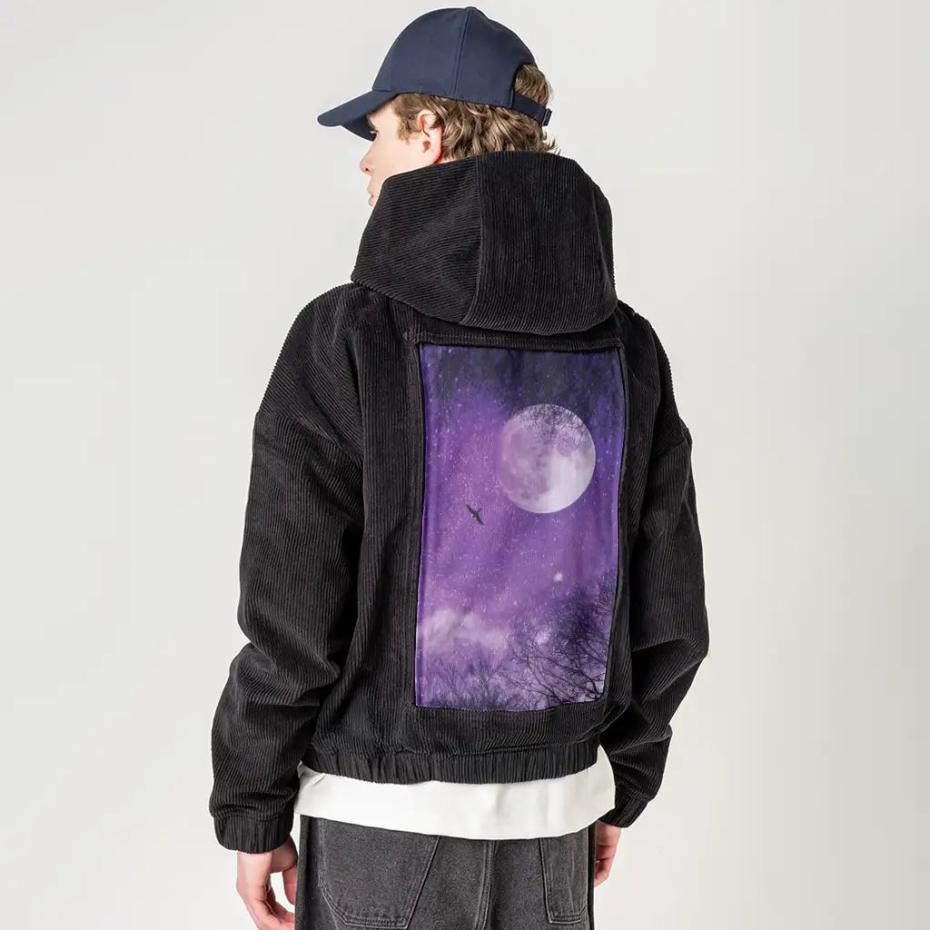 ultravioletnight patch on male retro cord hoodie in onyx