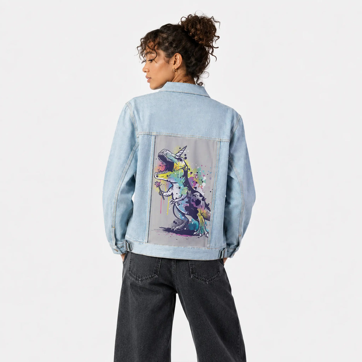 unicornasaurus patch on female og denim jacket in oceanside