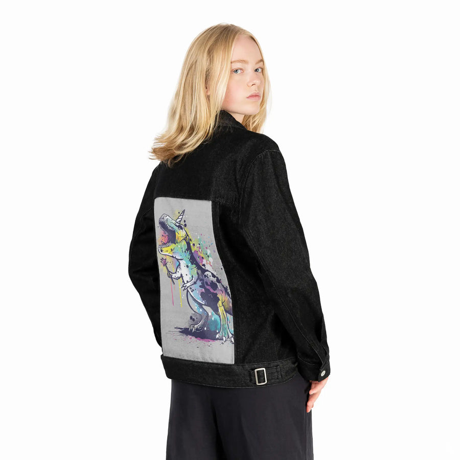 unicornasaurus patch on female og denim jacket in raven