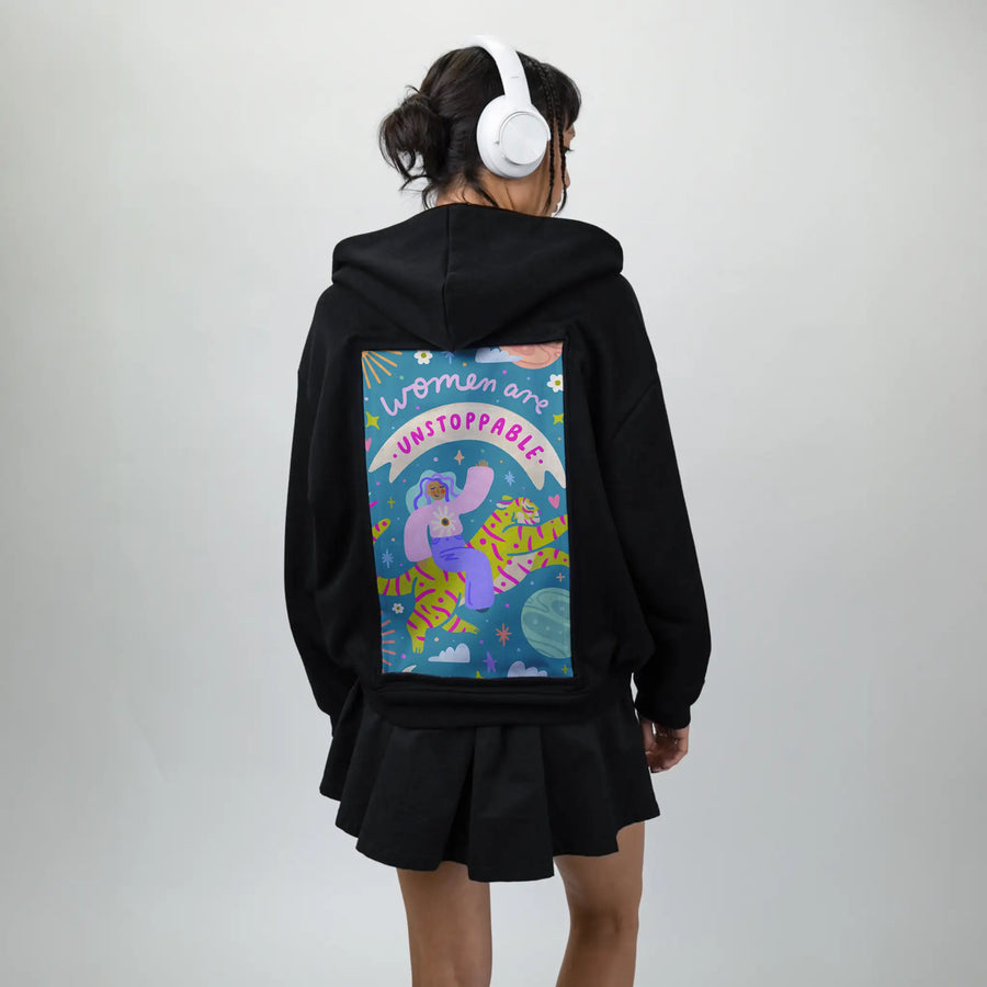 unstoppablewomen patch on female essential zip hoodie in after hours