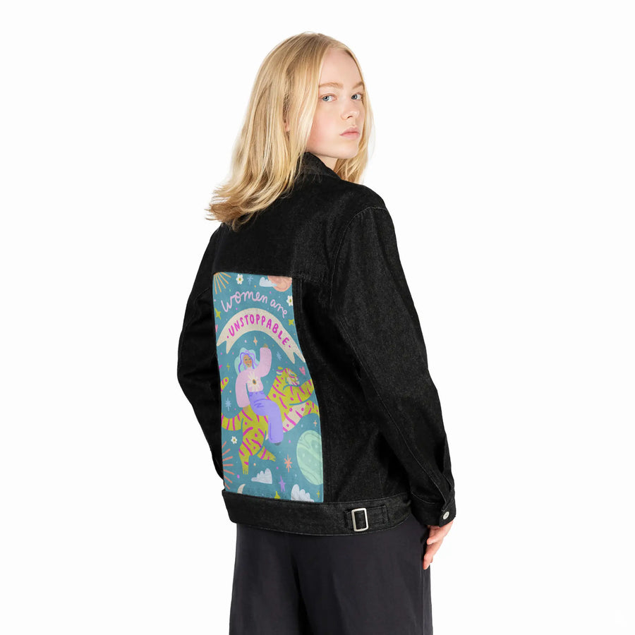 unstoppablewomen patch on female og denim jacket in raven