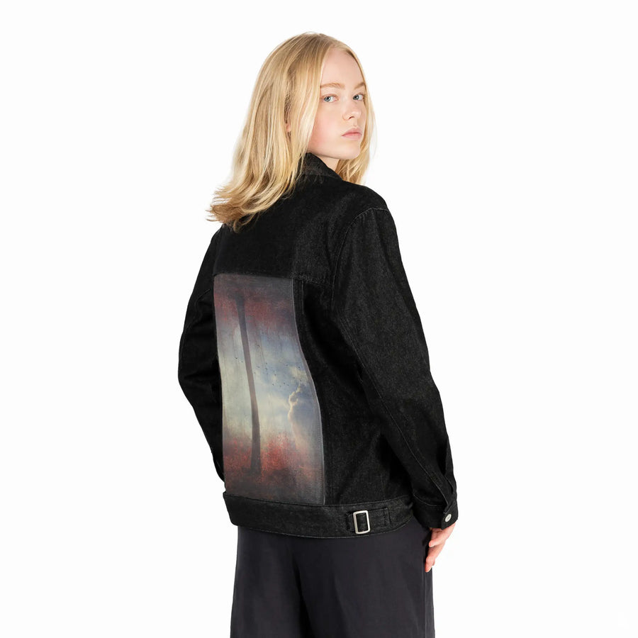 untitleddream patch on female og denim jacket in raven