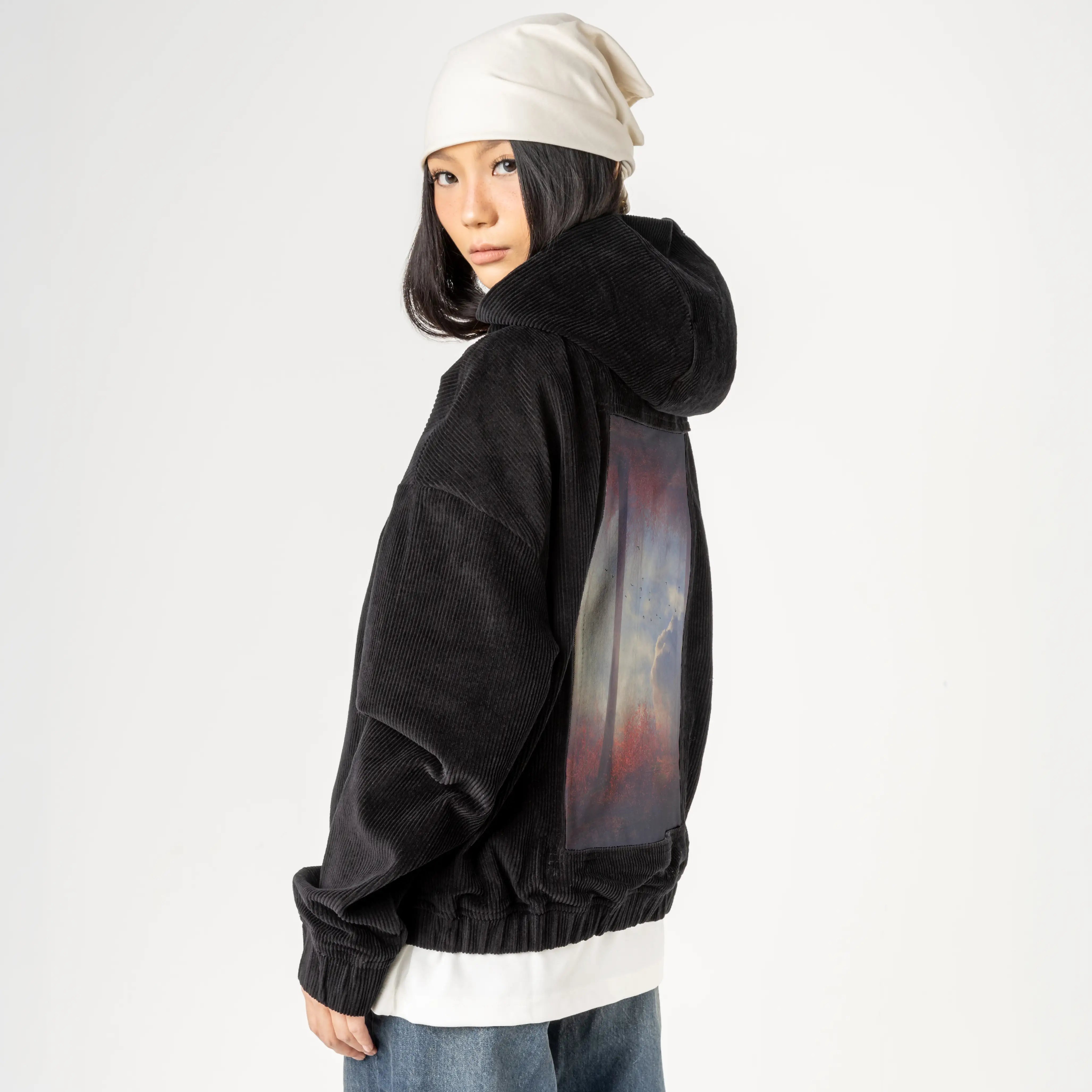 untitleddream patch on female retro cord hoodie in onyx
