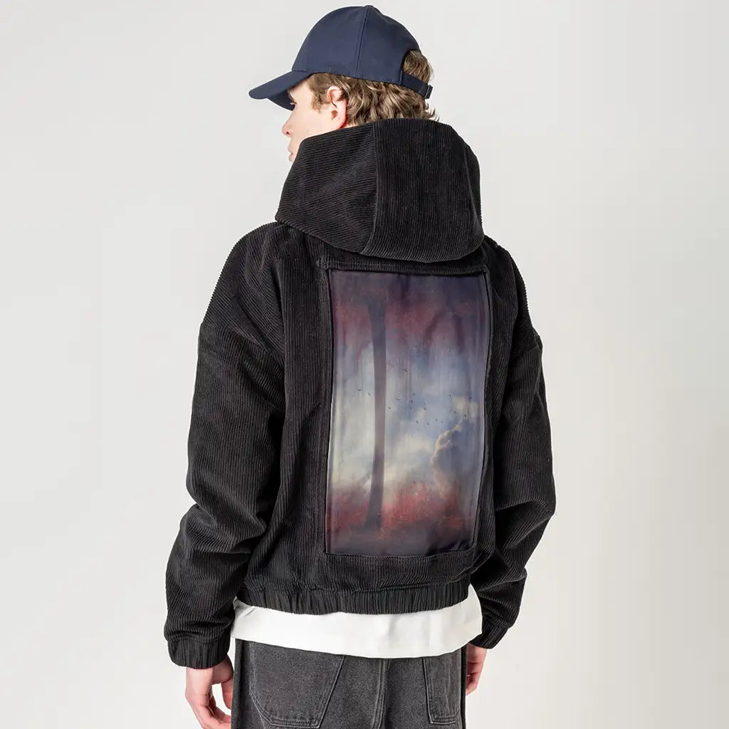 untitleddream patch on male retro cord hoodie in onyx