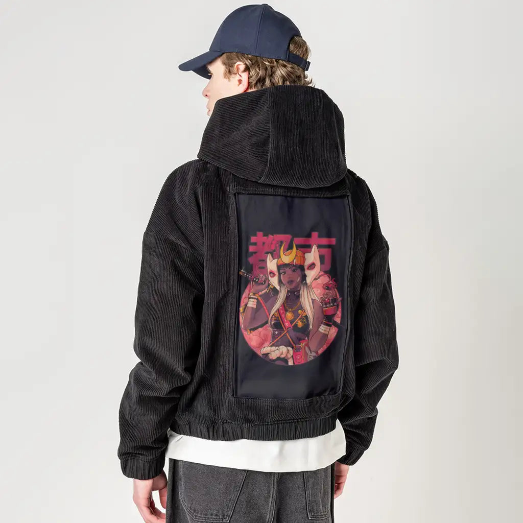 urbansamurai patch on male retro cord hoodie in onyx