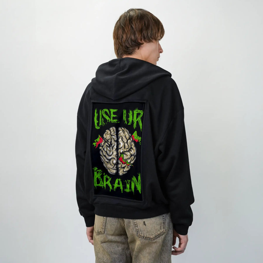 useurbrain patch on male essential zip hoodie in after hours