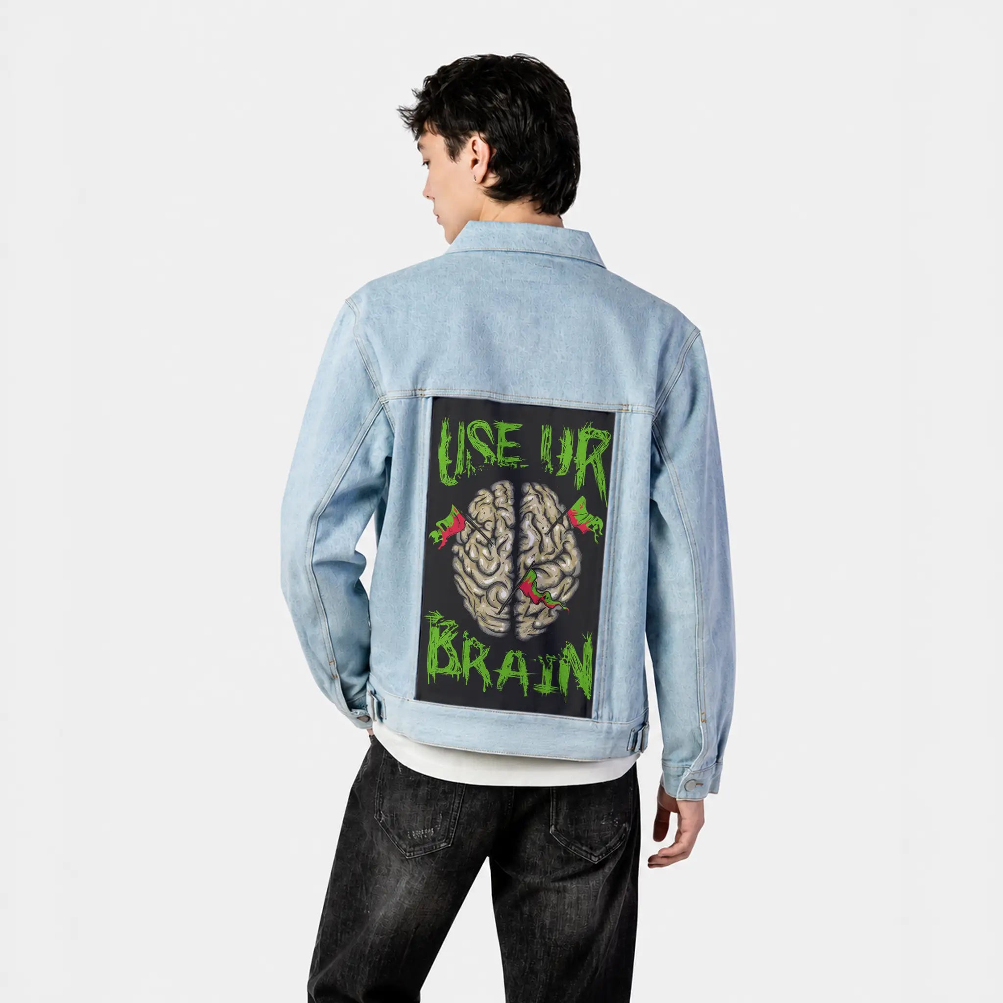 useurbrain patch on male og denim jacket in oceanside
