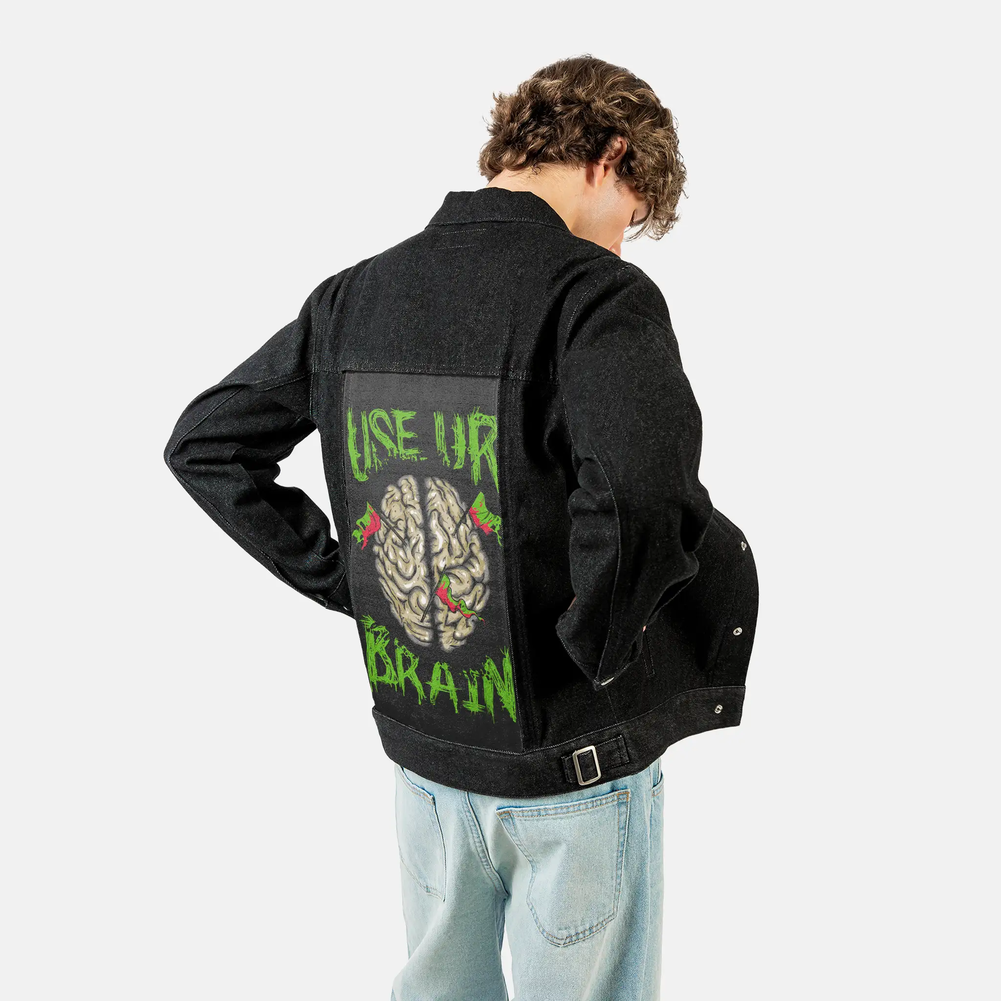 useurbrain patch on male og denim jacket in raven