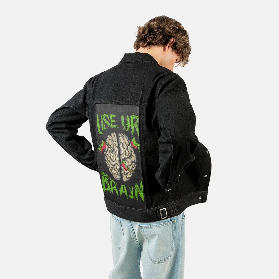 useurbrain patch on male og denim jacket in raven