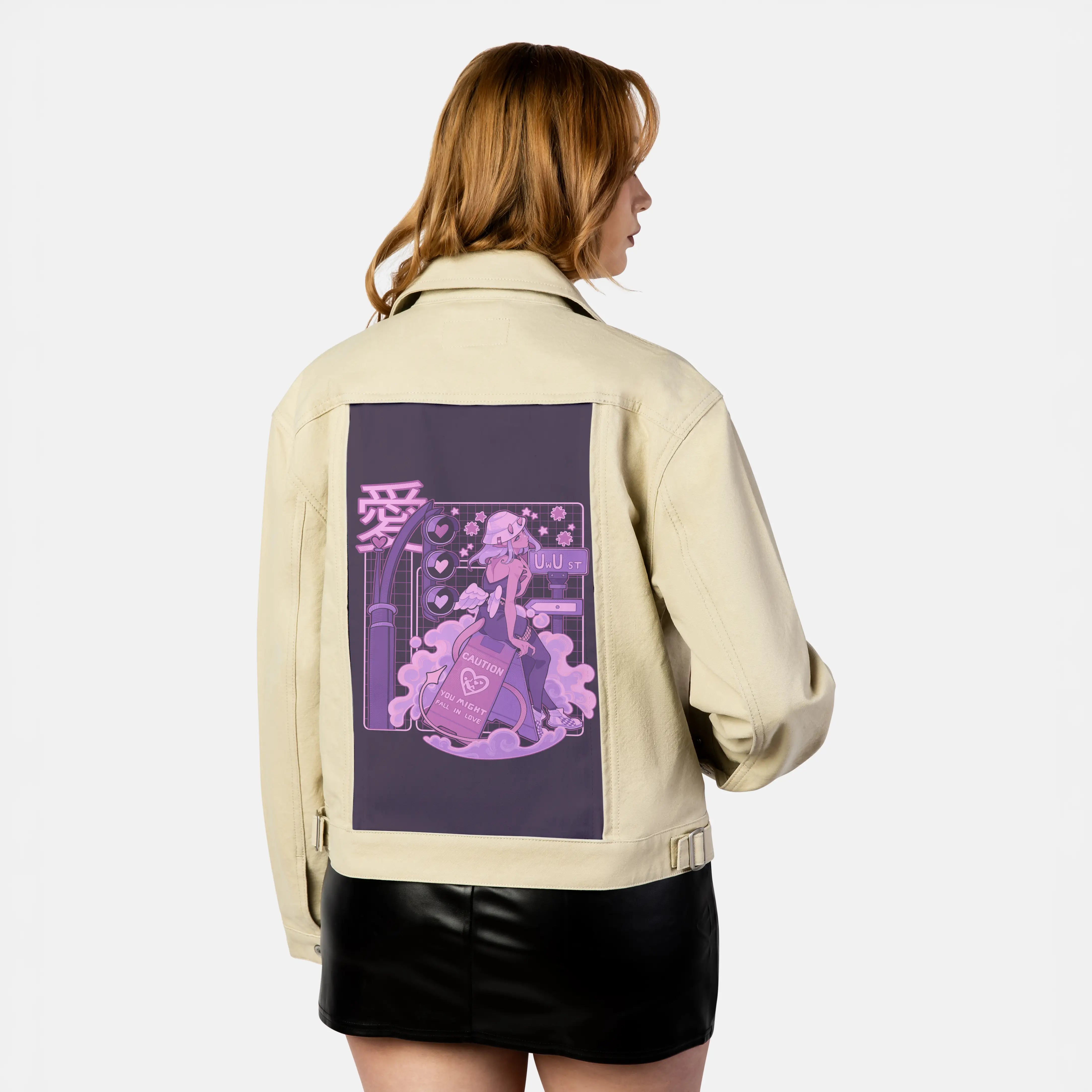 uwust patch on female atelier canvas jacket in tan