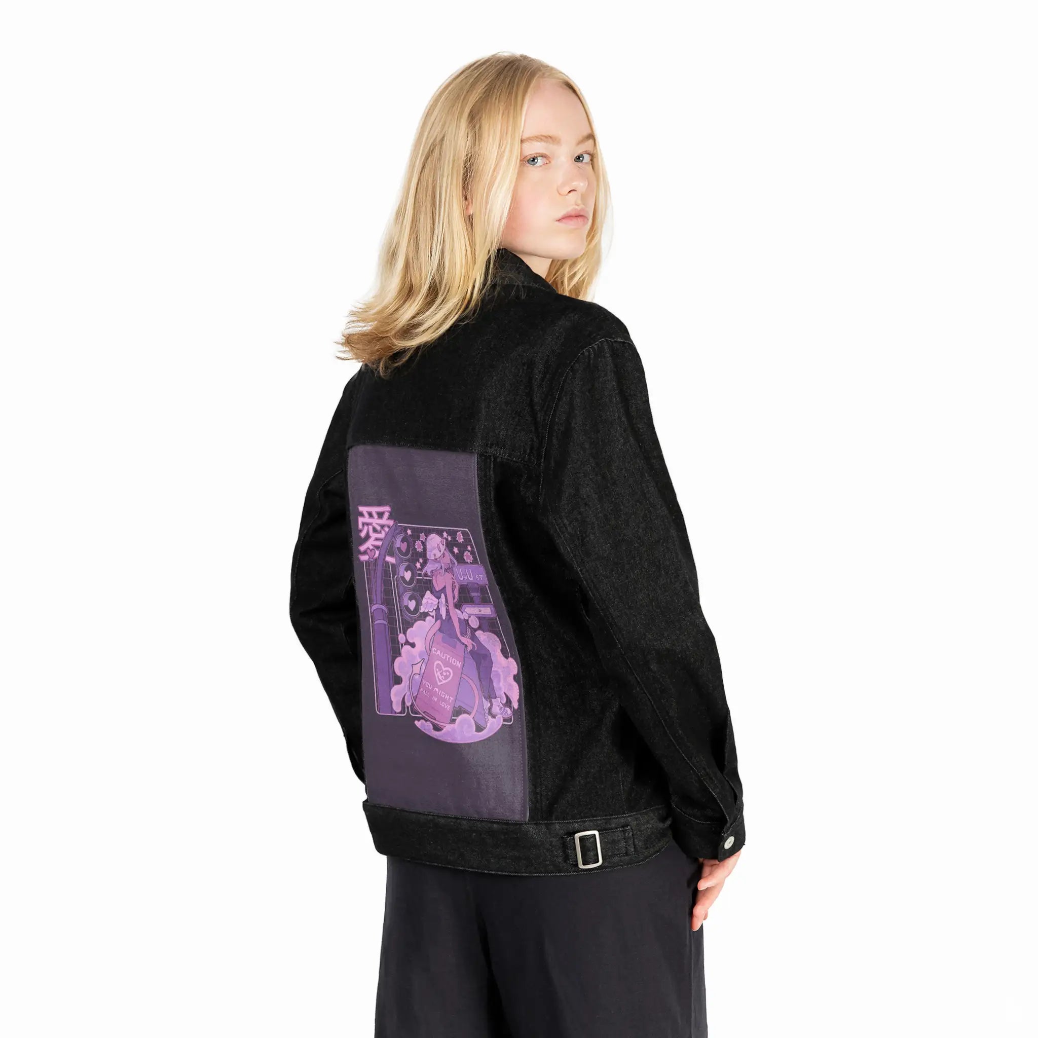 uwust patch on female og denim jacket in raven