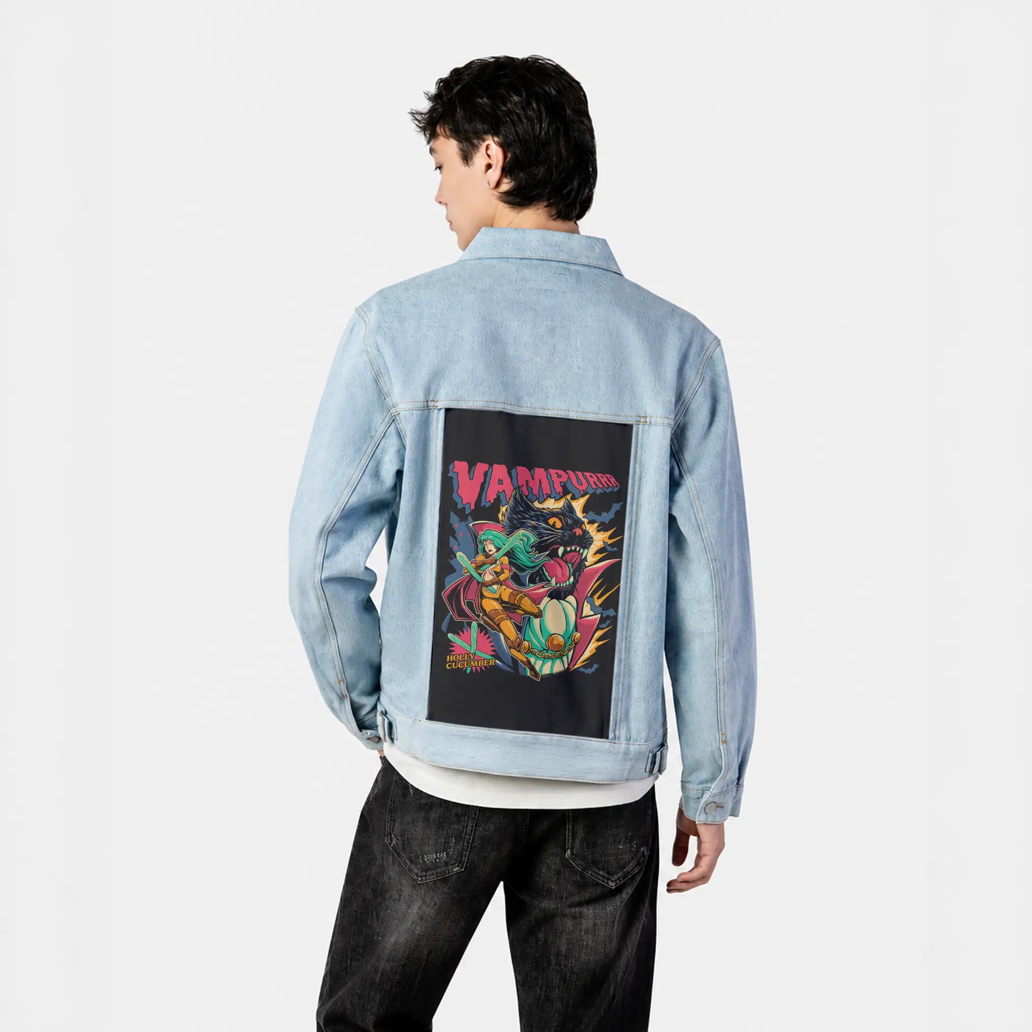 vampurrr patch on male og denim jacket in oceanside