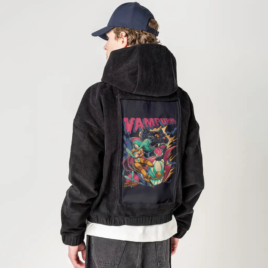 vampurrr patch on male retro cord hoodie in onyx