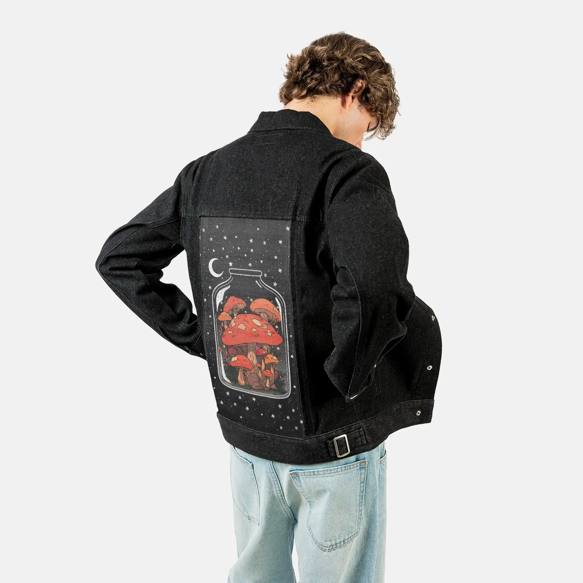 vaseoflife patch on male og denim jacket in raven