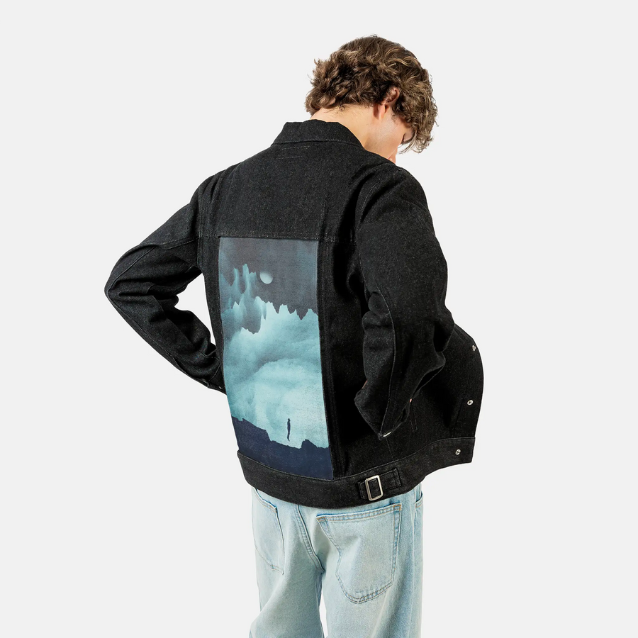 vasteuphoria patch on male og denim jacket in raven