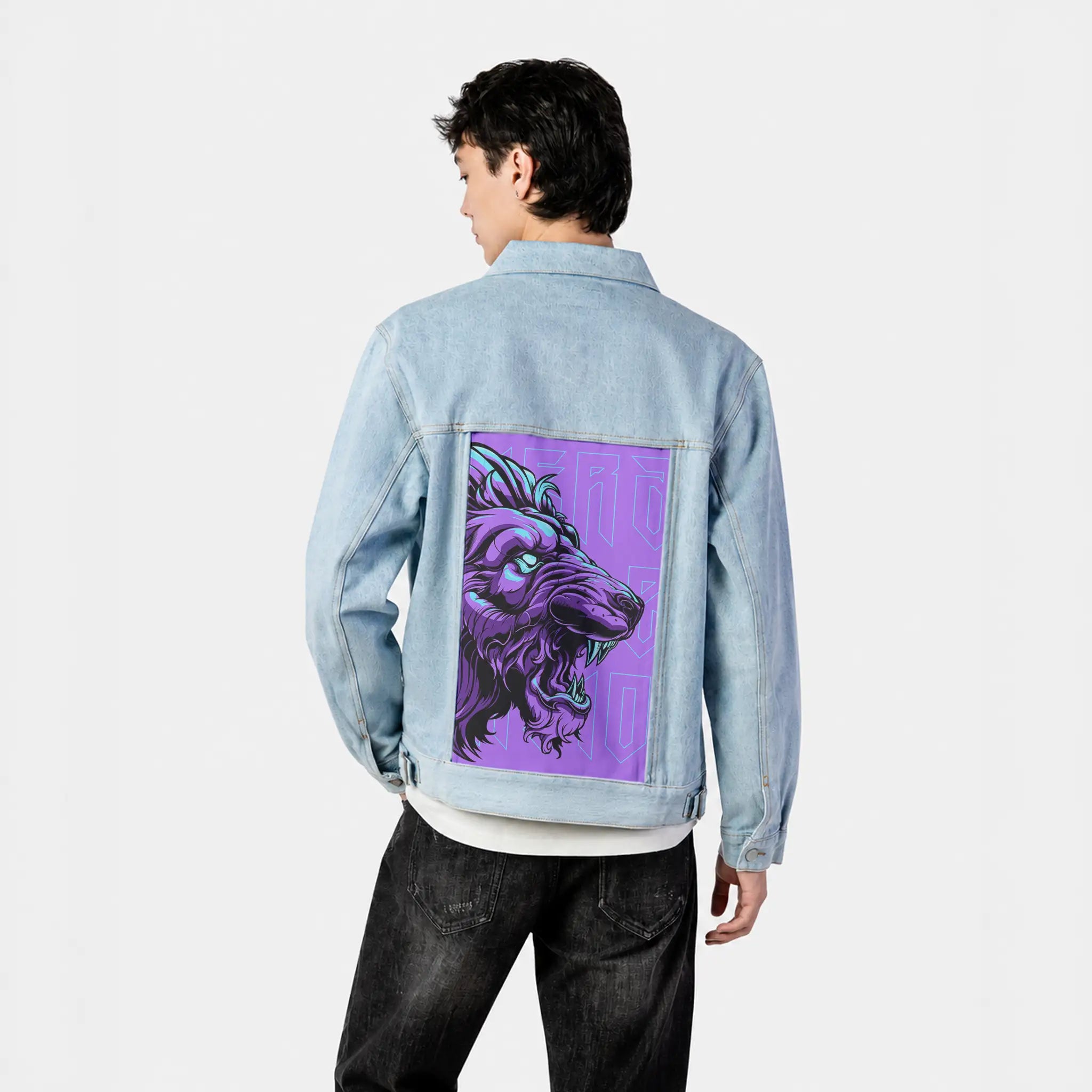 velvetroar patch on male og denim jacket in oceanside