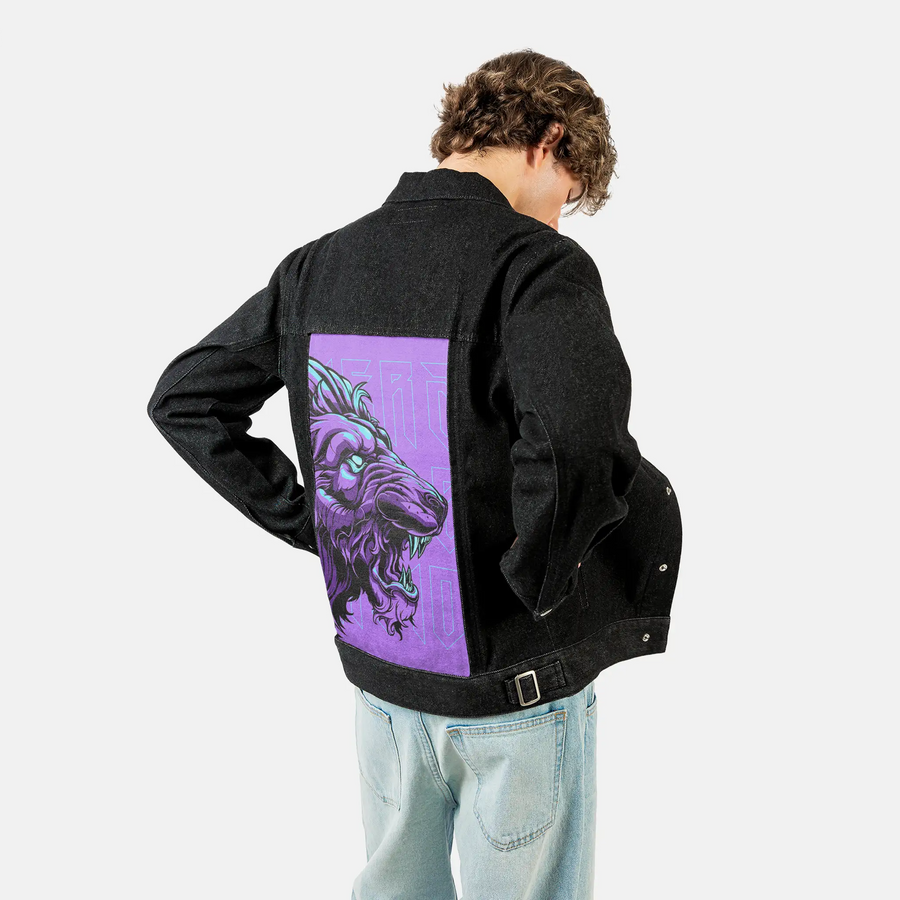 velvetroar patch on male og denim jacket in raven