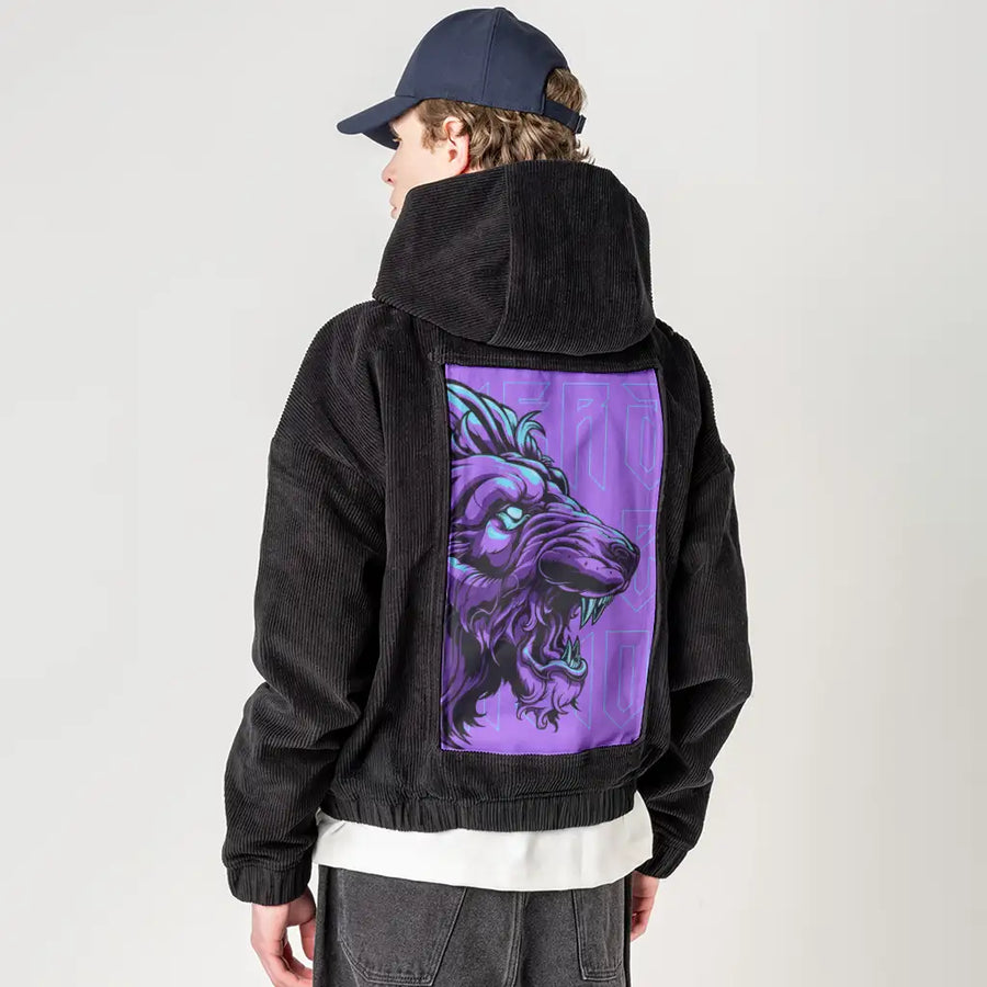 velvetroar patch on male retro cord hoodie in onyx
