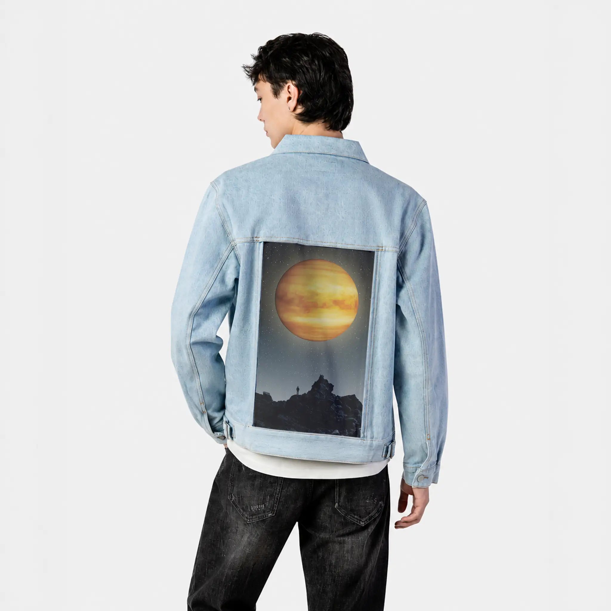 venusrising patch on male og denim jacket in oceanside