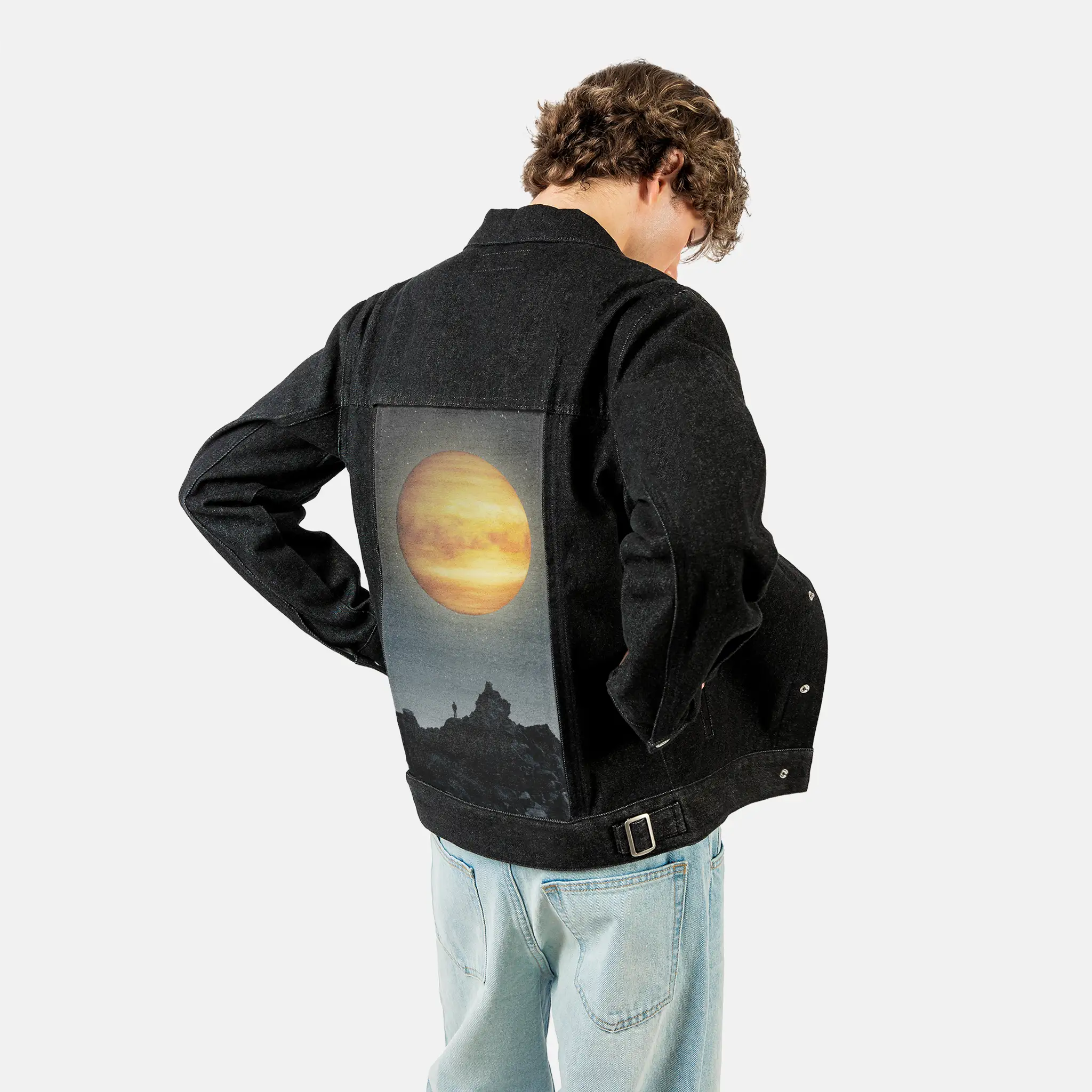 venusrising patch on male og denim jacket in raven