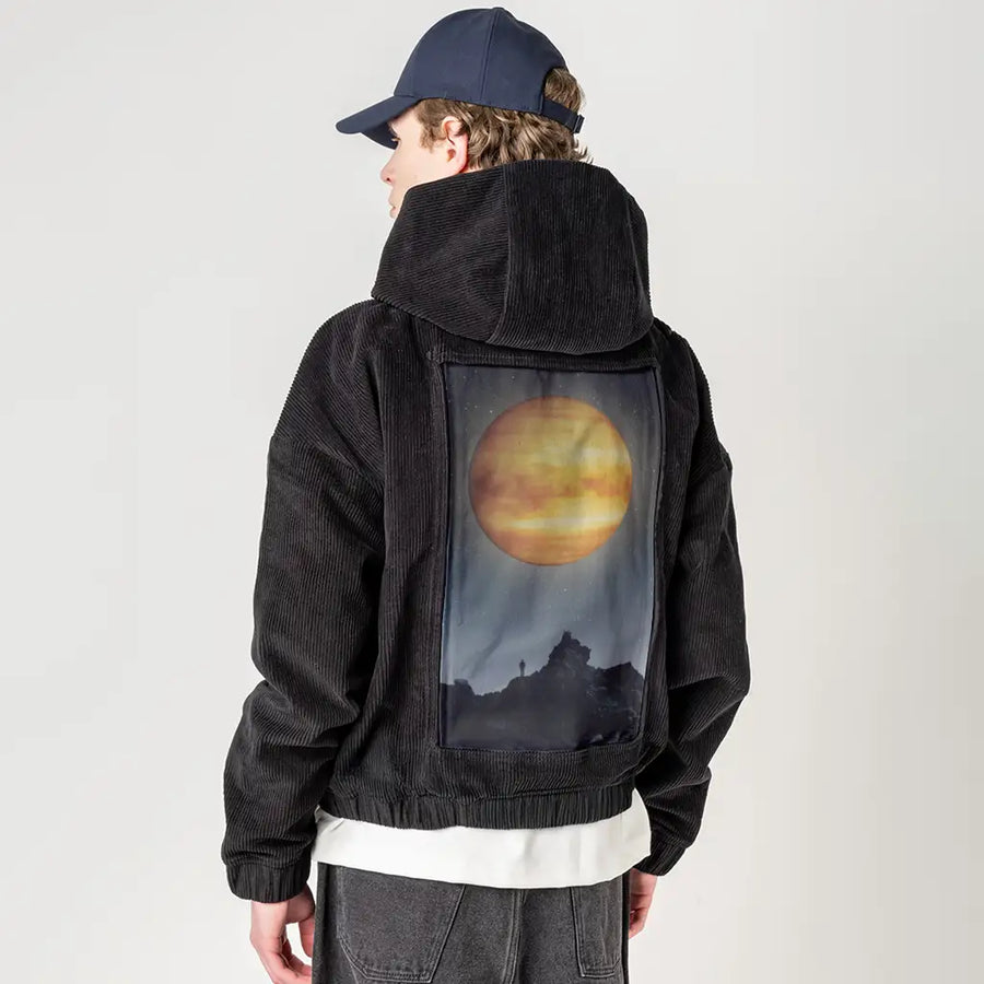 venusrising patch on male retro cord hoodie in onyx