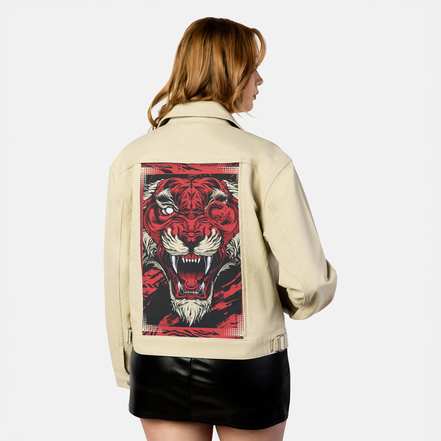 vermillionbeast patch on female atelier canvas jacket in tan