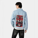 vermillionbeast patch on male og denim jacket in oceanside