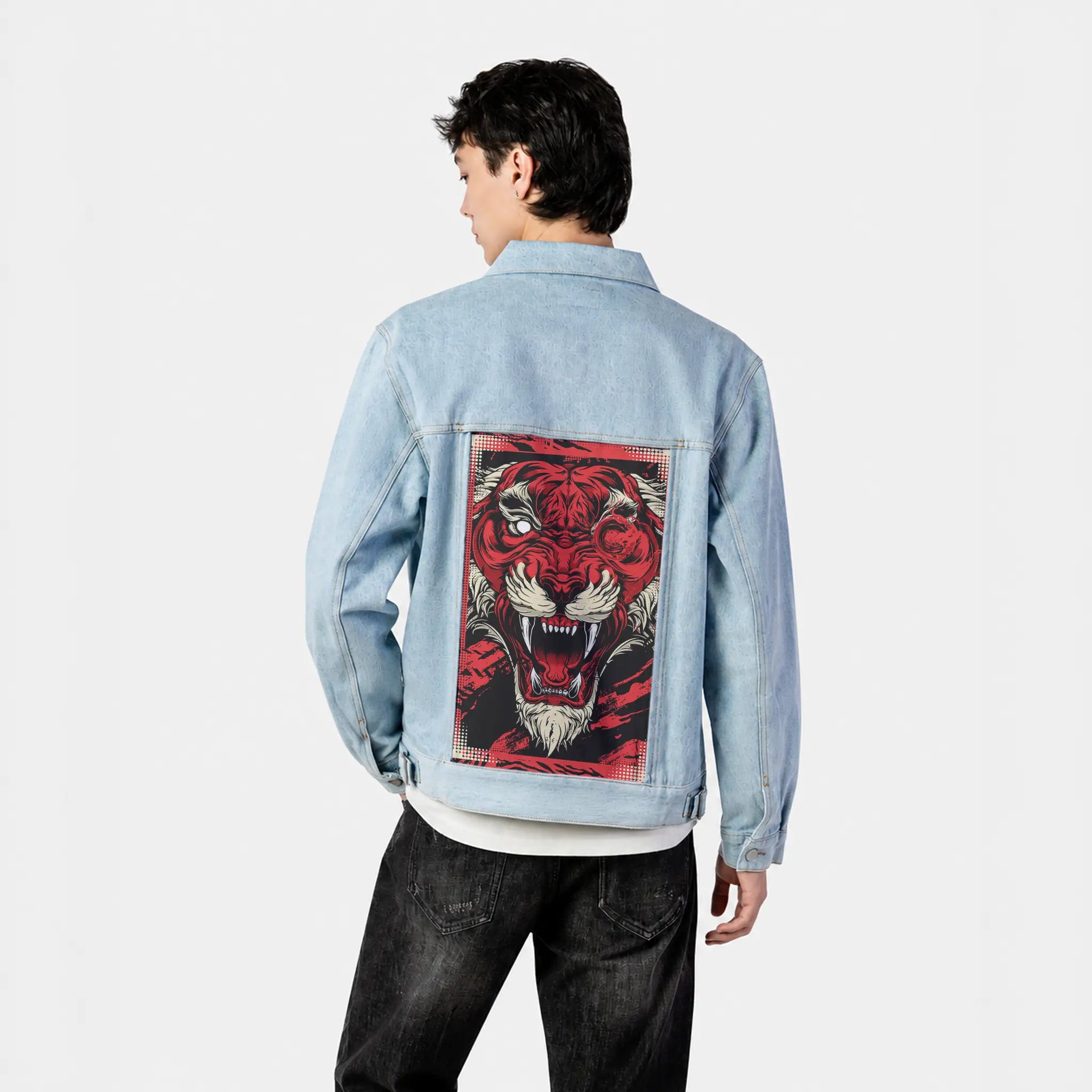 vermillionbeast patch on male og denim jacket in oceanside